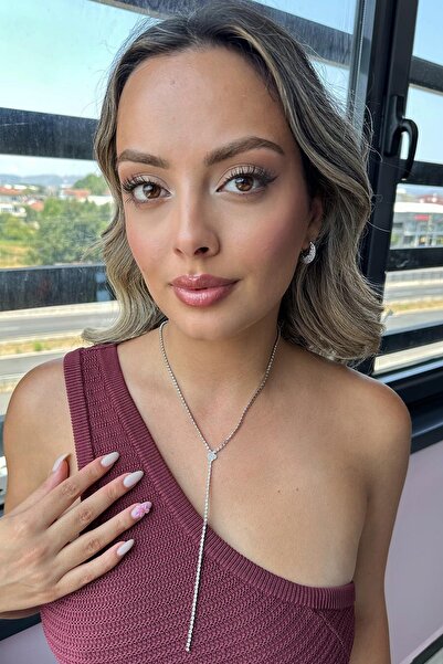 TAKIŞTIR Silver Color Clover Figured Stone Detailed Y Necklace