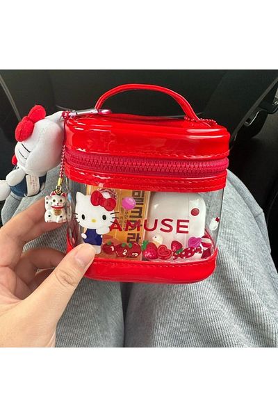 SANRIO 1 Hello Kitty Transparent Storage Bag Cosmetic Bag Cartoon Kitty Cat Bucket Bag Lipstick Cos.