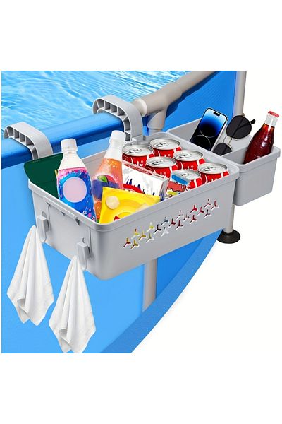 Choice Light Grey Poolside Storage Basket with Pool Cup Holder, Thickened Plastic Pool Basket for Above Gro