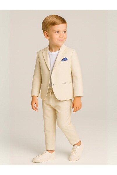 Zekids Erkek Çocuk Keten Ceket Tshirt Pantolon 3'lü Takım Elbise