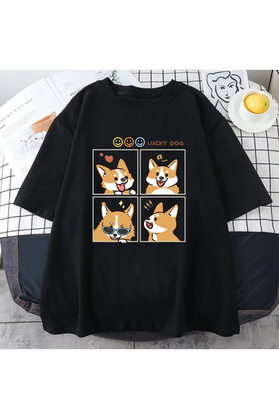 Tarzsokak Μαύρο μπλουζάκι με γραφικά σχέδια του Lucky Dog Chai Gou με τέσσερι...