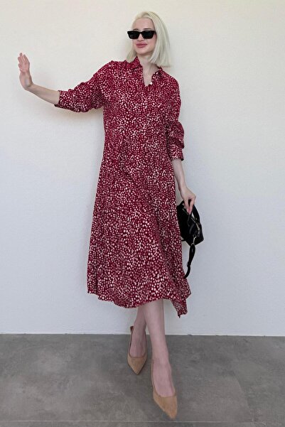 Madmext Bordo Uzun Kollu Düğmeli Desenli Elbise Mg2431