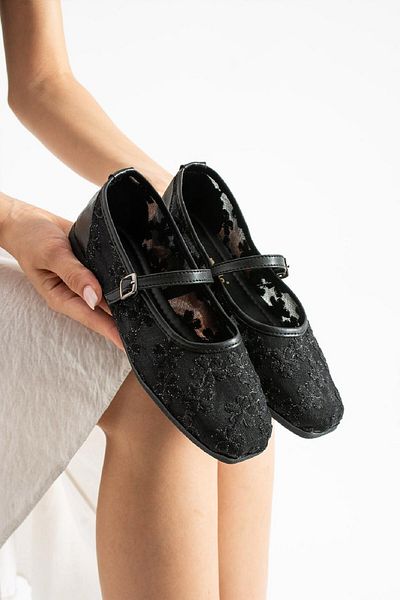 ALTUNTAŞ Women's Ballerina Ballet Flats Tulle Ballerina Comfortable Lightweight Ballerina Daily Ballerina Black