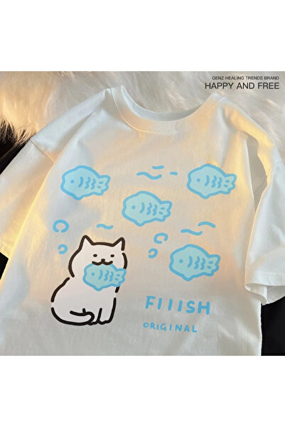 Tarzsokak White Eating Fish Cat Pește mic Vară Respirabil Agrement Lejer Tric...