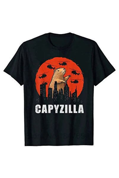 Tarzsokak تي شيرت كابيبارا مضحك مطبوع عليه صيفي دائري بنمط ريترو للأسود