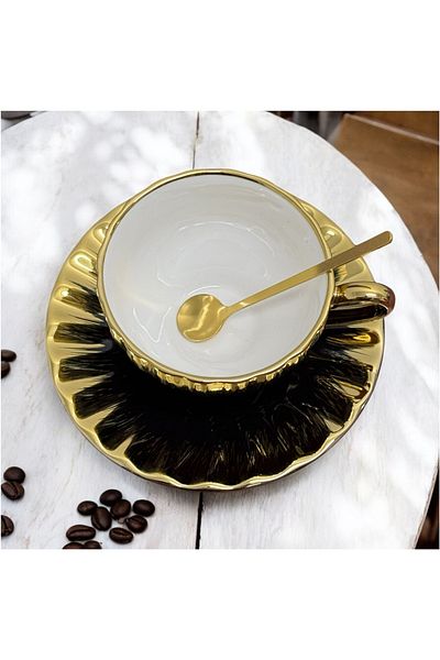 JOVY Set 180 ml Porcelain Cup and Saucer, Metal Spoon, GOLDEN, Black