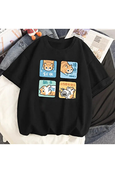 Tarzsokak Tricou cu grafică cu pisică drăguță și desene animate negre, imprim...