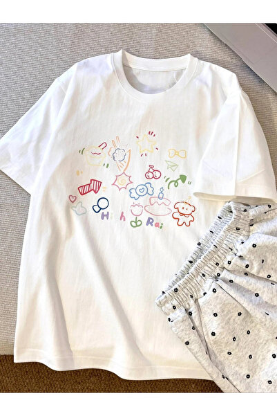 Tarzsokak Imprimeu alb retro cu desene animate japoneze Pure Ort Sve Summer D...