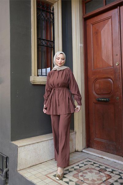 Bwest Waist Laced Gathered Short Tunic Double Hijab Tracksuit Set - (38-46) - 71298 - Brown