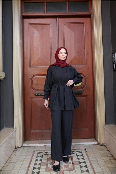 Bwest Waist Laced Drawstring Short Tunic Double Hijab Tracksuit Set - (38-46) - 71298 - Black