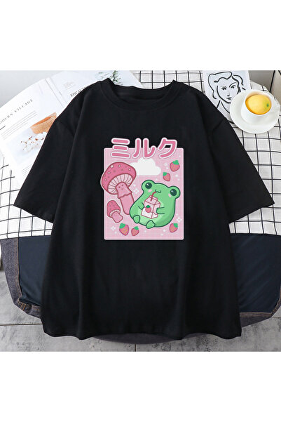 Tarzsokak Black Frog Strawberry Drink Mushroom Cartoon Fresh Green Style Tops...