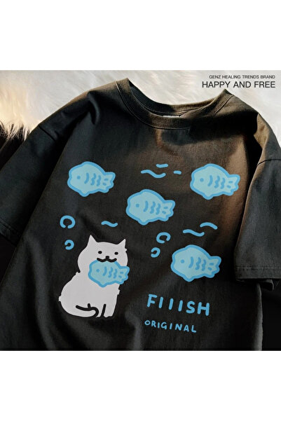 Tarzsokak Black Eat Fish Cat Pește mic Vară Respirabil Agrement Lejer Tricou ...