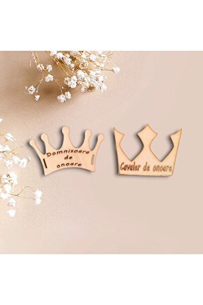 OEM Set 4 cocarde 'coroana', lemn gravat laser, 6cm (mire, nas, domisoara de onoare, cavaler de onoare)