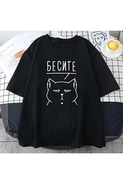 Tarzsokak قميص أسود مطبوع عليه قطة رسومية مضحكة - قميص