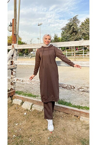 Bwest طقم رياضي طويل بقلنسوة وفتحة جانبية - 03034-1.028 - بني