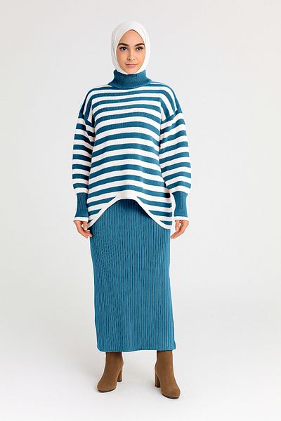 Sonbaharmoda Top Sweater Striped Bottom Dress Knitwear Set – Two Pieces – Modern & Comfortable