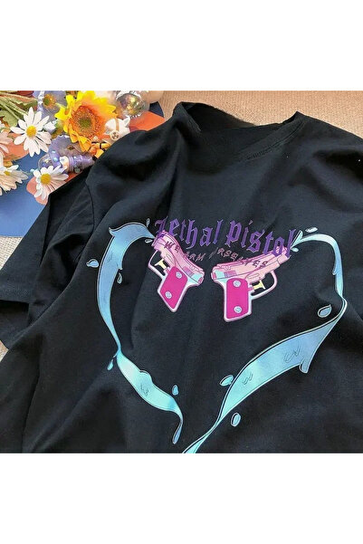 Tarzsokak طباعة كرتونية سوداء صيفية لطيفة على شكل قلب نمط هاراجوكو