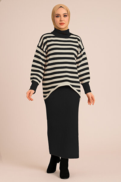 Sonbaharmoda Top Sweater Striped Bottom Dress Knitwear Set – Two Pieces – Modern & Comfortable