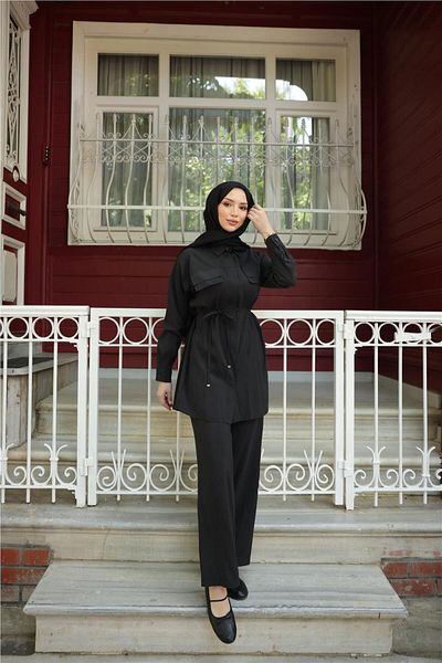 Bwest Shirt Collar Waist Lace-Up Short Tunic Double Hijab Tracksuit Set - (38-46) - 71299 - Black