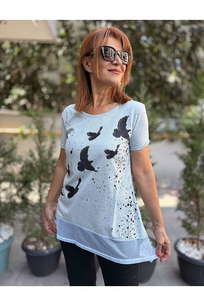 DenizEge Black Bird Pattern Blouse Mint