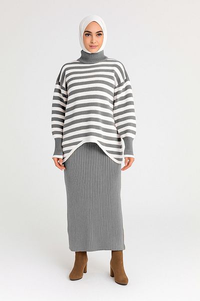 Sonbaharmoda Top Sweater Striped Bottom Dress Knitwear Set – Two Pieces – Modern & Comfortable