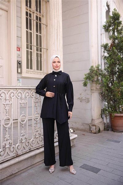 Bwest Shirt Collar Waist Semi-Lace Pocket Metal Button Detailed Double Hijab Tracksuit Set - (38-46) -