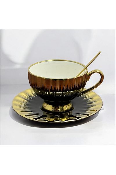 JOVY Set 180 ml Porcelain Cup and Saucer, Metal Spoon, GOLDEN, Black