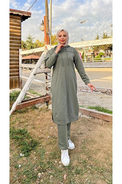 Bwest Long Tunic Hooded Double Sports Suit with Side Slits - 03034-1.005 - Khaki