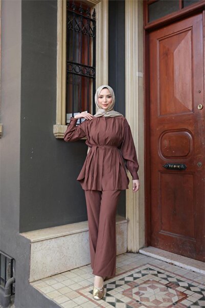 Bwest Waist Laced Gathered Short Tunic Double Hijab Tracksuit Set - (38-46) - 71298 - Brown