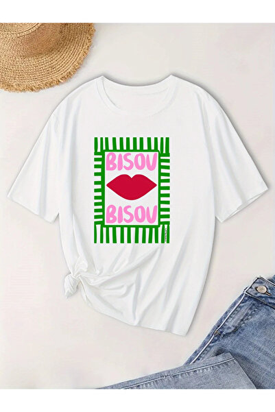 Tarzsokak Alb, verde, buze cu dungi, litere imprimate, guler rotund, casual, ...