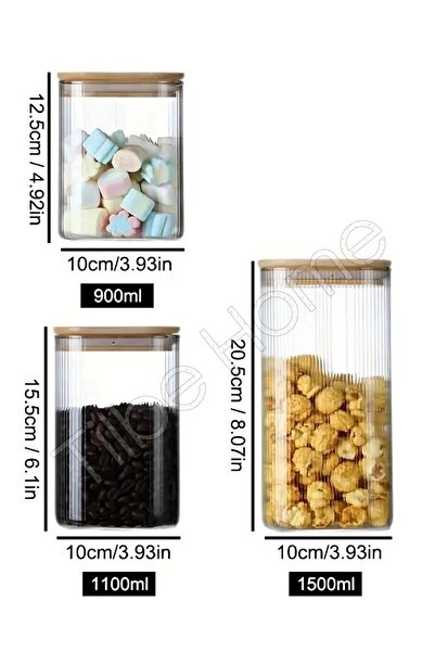 Tilbe Home 3lü Bambu Kapaklı Büyük Boy Cam Kavanoz Çizgili Yuvarlak Şeker Bakliyat Baharat Mutfak Saklama Kabı