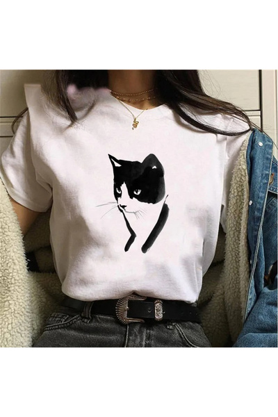 Tarzsokak للقطط البيضاء الجميلة، طباعة قطة سوداء للقطط هاراجوكو