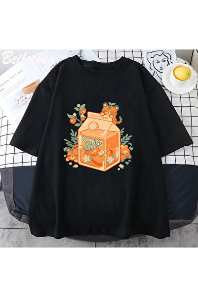 Tarzsokak Lichid de suc de portocale negre Kawaii Anime Harajuku Tee print cu...