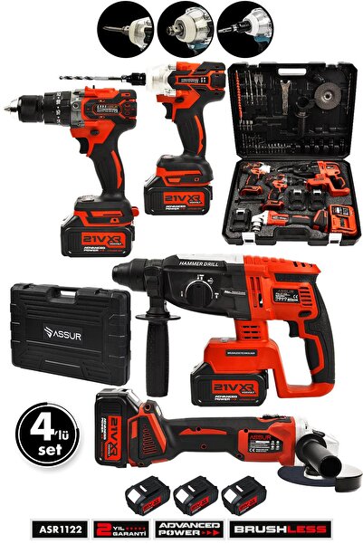 ASSUR Profesyonel 21V 4'lü Set Somun Sıkma Sökme & Matkap & Kırıcı Delici Hilti & Taşlama