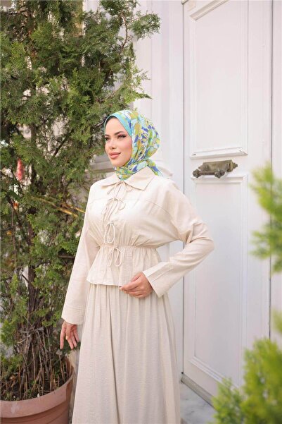 Bwest Shirt Collar Gathered, Lace-Up Short Tunic Flowing Skirt Set - (38-46) - 71291 - Beige