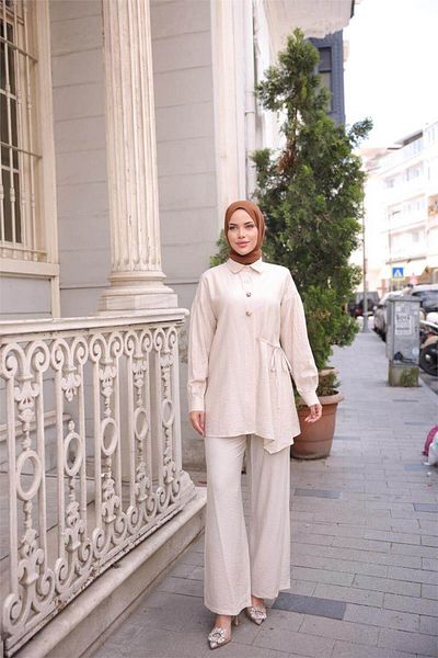Bwest Shirt Collar Waist Semi-Lace Pocket Metal Button Detailed Double Hijab Tracksuit Set - (38-46) -