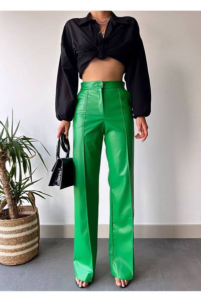 Bleu Petite High Waist Faux Leather Suede Inside Palazzo Women's Pants