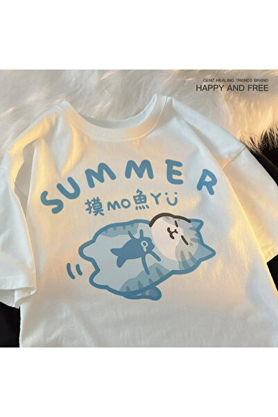 Tarzsokak White Fishing Little Cat Lovely Fun Unisex Style Summer Cat Blue Face