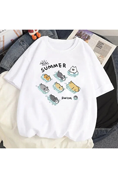 Tarzsokak Tricou cu grafică albă cu desene animate și pisică drăguță, imprime...