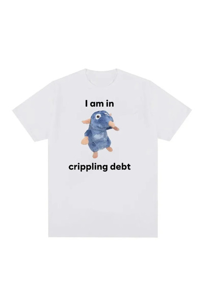 Tarzsokak Tricou alb cu meme amuzant cu șobolanul "Crippling Debt Rat" din pluș