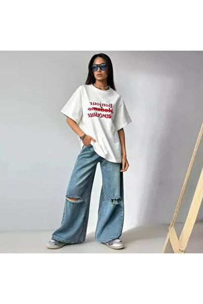 Tarzsokak تي شيرت صيفي فضفاض برقبة دائرية وأكمام نصفية مطبوع عليه حرف قلب أبي...