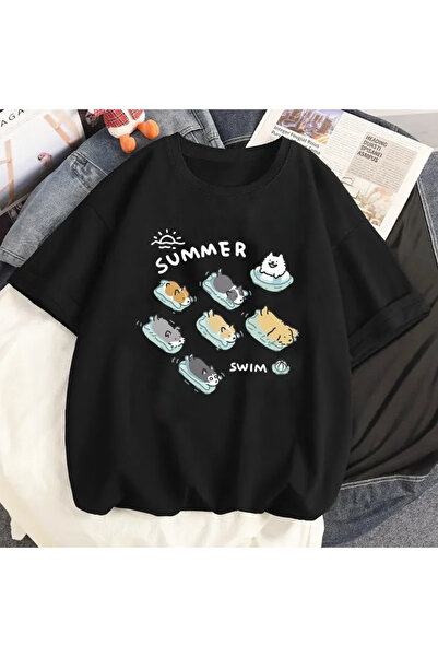 Tarzsokak Tricou cu grafică cu pisică drăguță și desene animate negre, imprim...