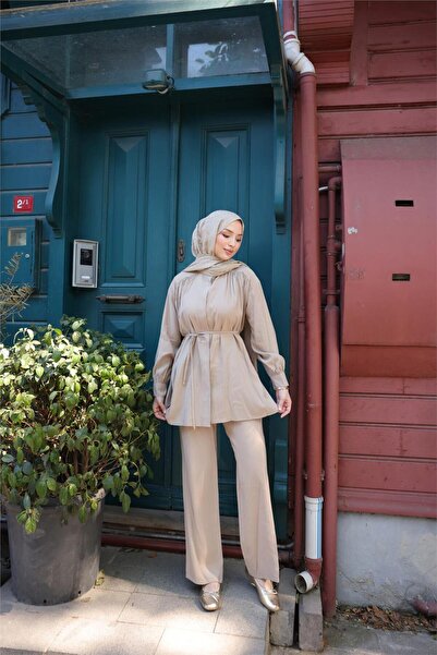 Bwest Waist Laced Gathered Short Tunic Double Hijab Tracksuit Set - (38-46) - 71298 - Beige