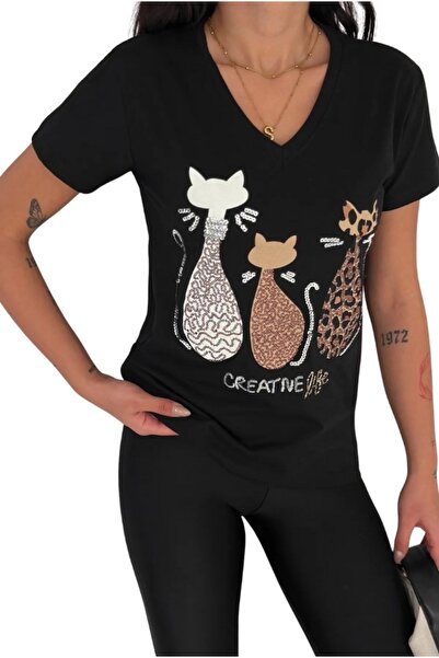 Cassime Women's Black V-Neck 3 Cat Sequins Sequin Embroidered 100% Cotton Plus Size T-Shirt Xl-2Xl-3Xl