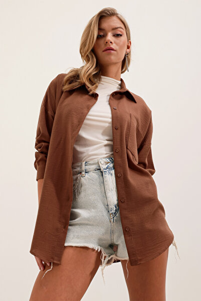 Merterium Women's Single Pocket Oversize Linen Shirt Brown 1073