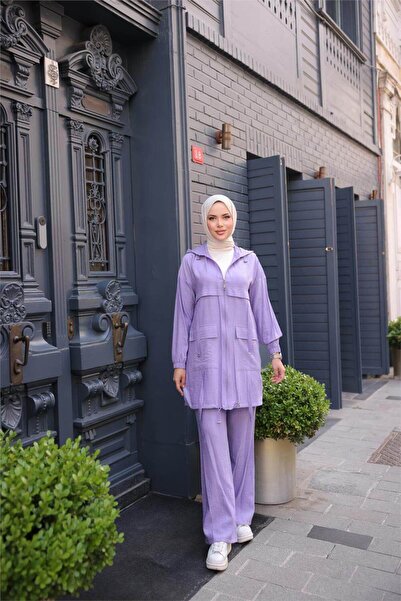 Bwest Short Double Hijab Tracksuit Set with Zippered Hooded Pocket - (38-46) - 71280 - Lilac