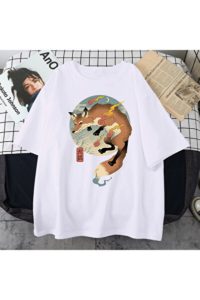 Tarzsokak تي شيرت هاراجوكو مطبوع عليه ثعلب كرتوني أبيض ناري ياباني