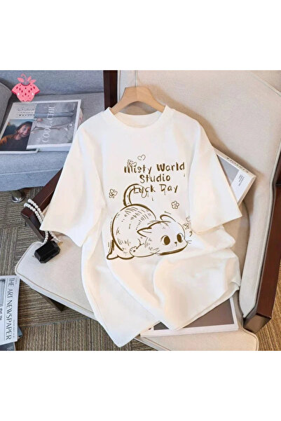 Tarzsokak Beyaz s Round Neck Short Sleeve Loose Cute Cat Print Summer Y2K Kaw...