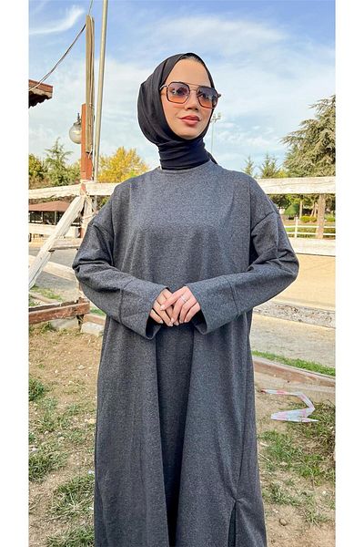 Bwest O Neck Slit Long Wide Comfortable Tunic Trousers Simple Basic Sports Set - 03040-1.017 - Anthracite