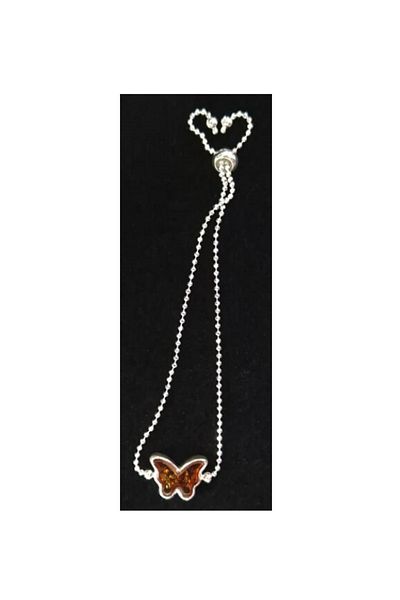 OEN Bratara din argint cu chihlimbar de culoare maro cognac, model fluture, lungime 21 cm, 3.5 g